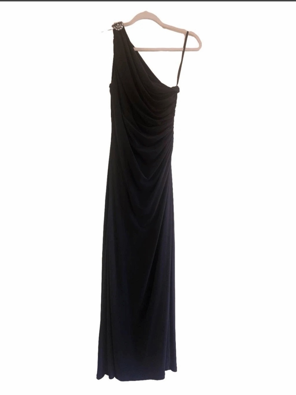Ralph Lauren Evening- Black Ruched gown, side slit, encrusted shoulder size 18